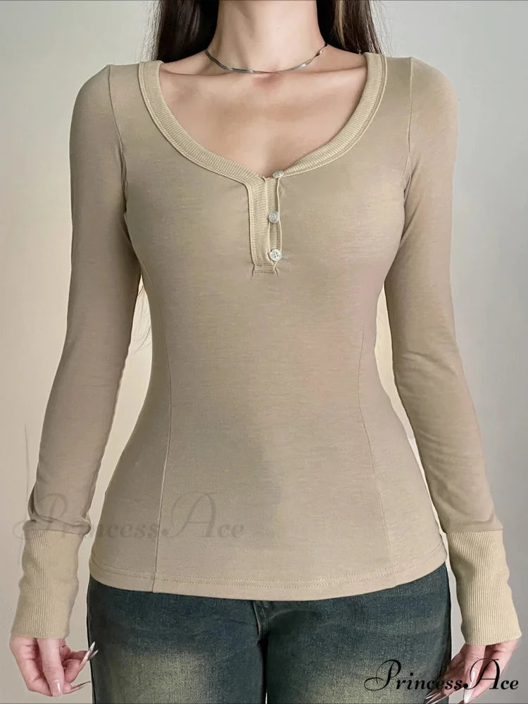 Durable Patchwork Slim O-Neck Long Sleeve Knit Top Khaki / S knittop-250126