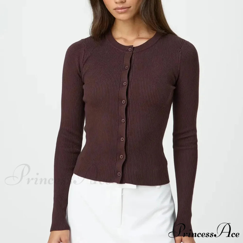 Durable Ridged Button Up Trim Knit Cardigan Brown / S cardiagn-250126