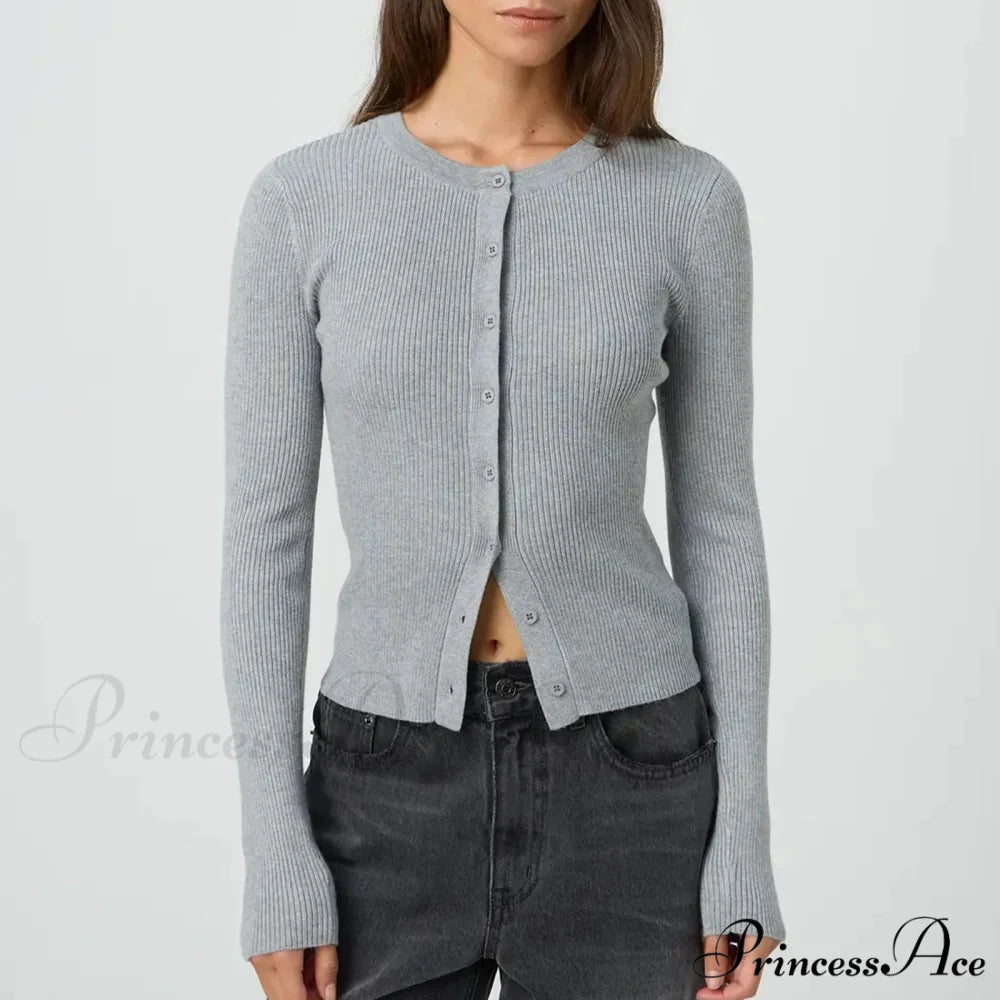 Durable Ridged Button Up Trim Knit Cardigan GRAY / S cardiagn-250126