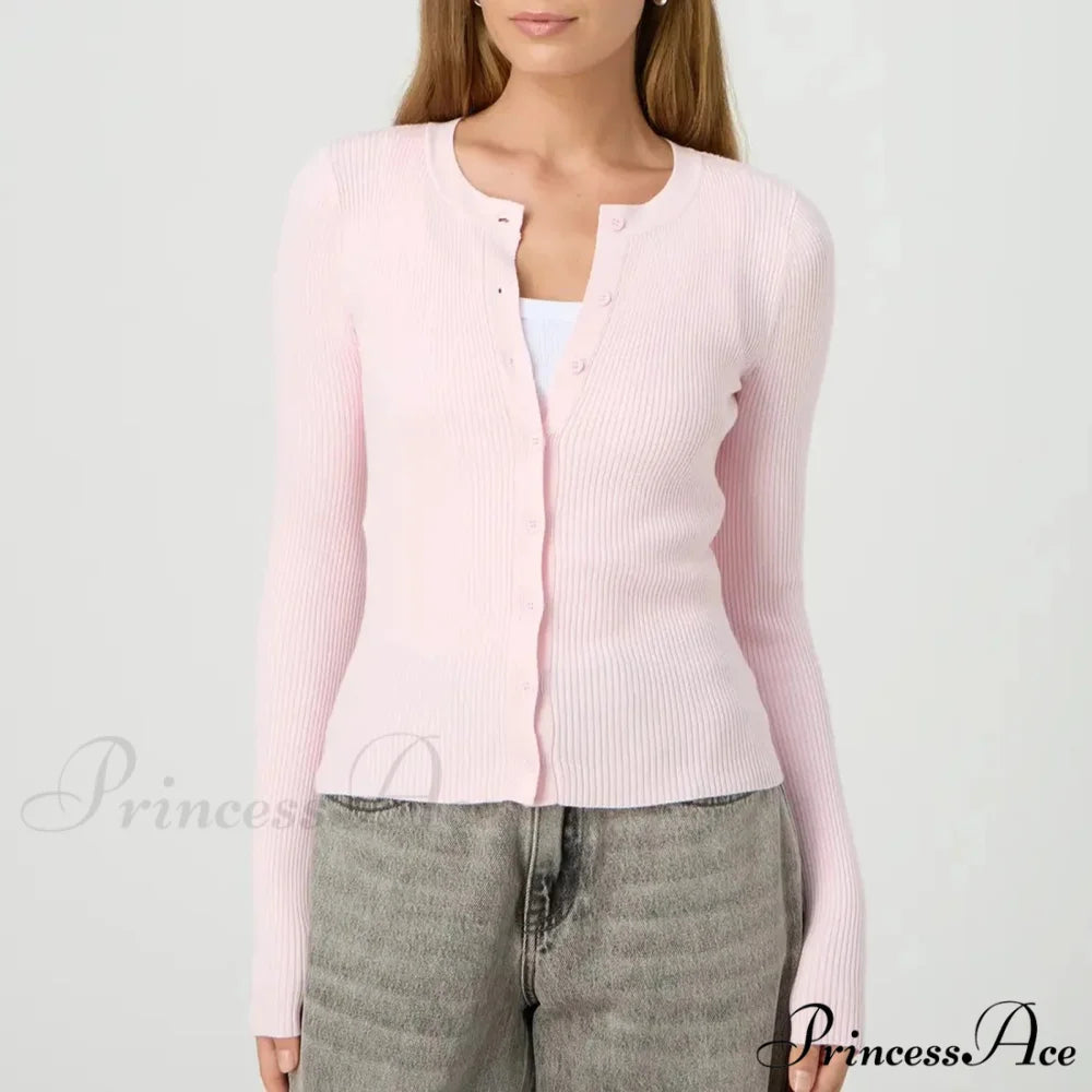 Durable Ridged Button Up Trim Knit Cardigan Pink / S cardiagn-250126