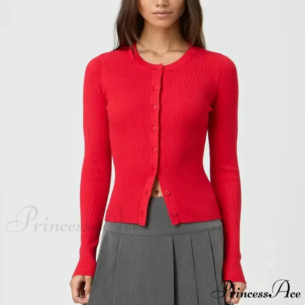 Durable Ridged Button Up Trim Knit Cardigan Red / S cardiagn-250126
