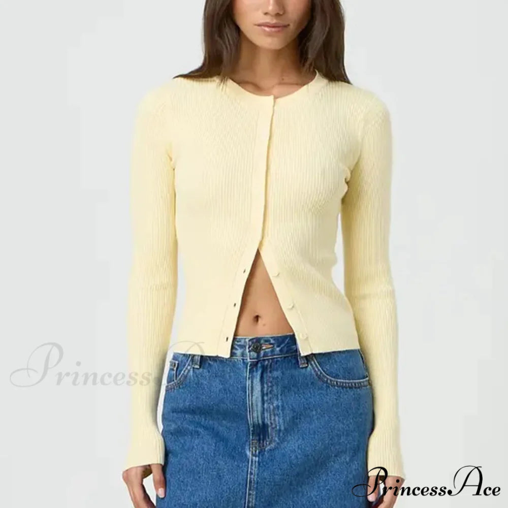 Durable Ridged Button Up Trim Knit Cardigan Yellow / S cardiagn-250126