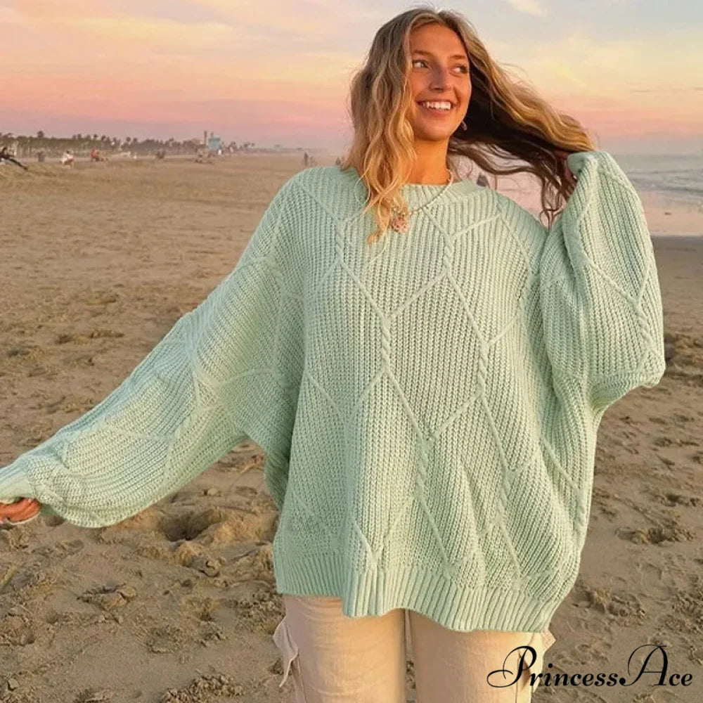 Durable Round-Neck Ribbed Extended Sleeve Sweater Light Green / S swraters-241228