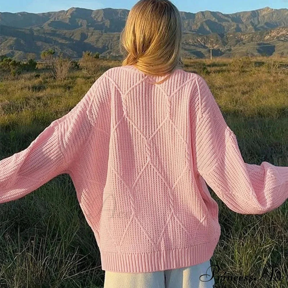 Durable Round-Neck Ribbed Extended Sleeve Sweater Pink / S swraters-241228