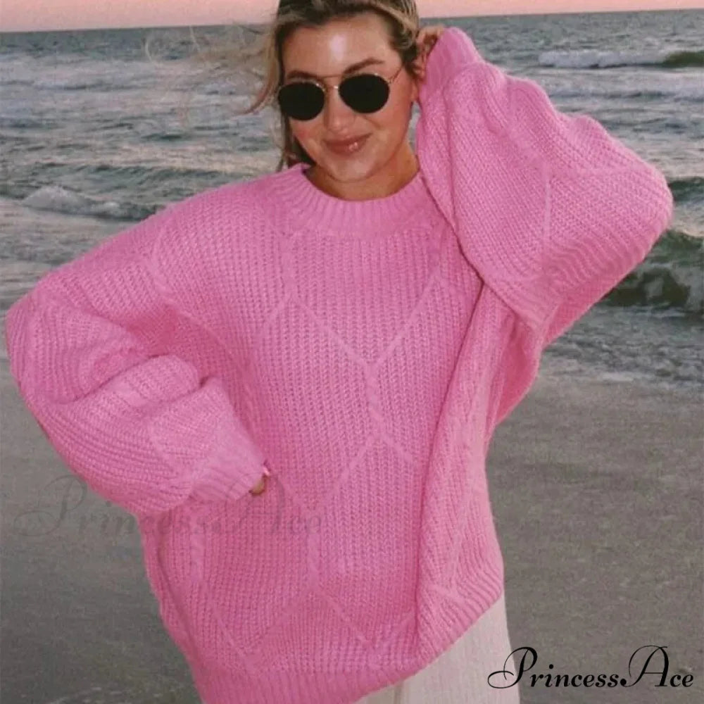 Durable Round-Neck Ribbed Extended Sleeve Sweater Rose Red / S swraters-241228