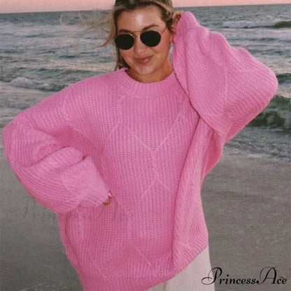 Durable Round-Neck Ribbed Extended Sleeve Sweater Rose Red / S swraters-241228