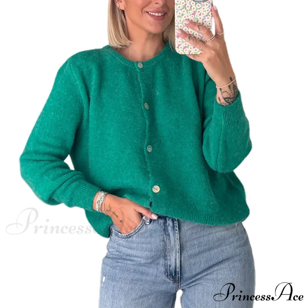 Durable Round-neck Short Knitted Cardigan green 1 / S cardigans-241228