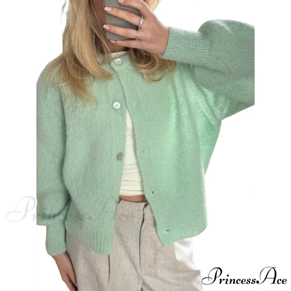 Durable Round-neck Short Knitted Cardigan green / S cardigans-241228