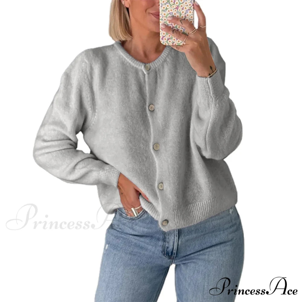 Durable Round-neck Short Knitted Cardigan grey 1 / S cardigans-241228