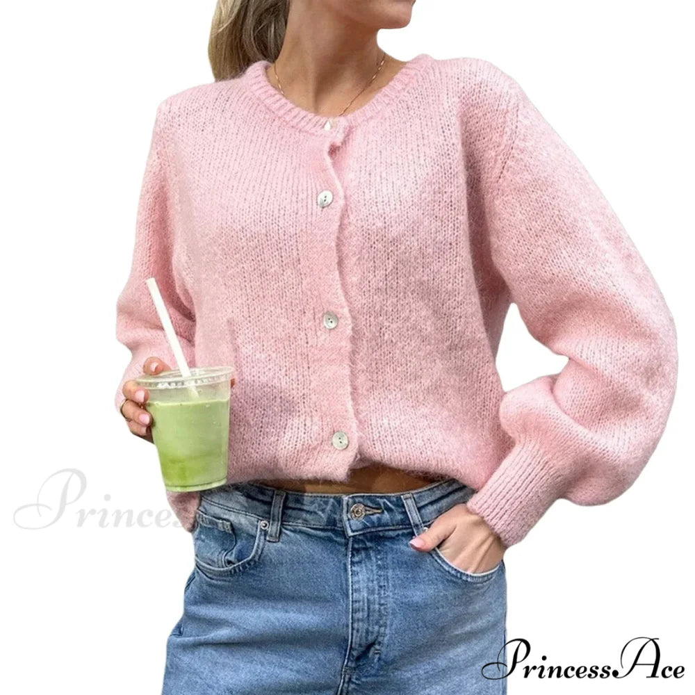 Durable Round-neck Short Knitted Cardigan pink / S cardigans-241228