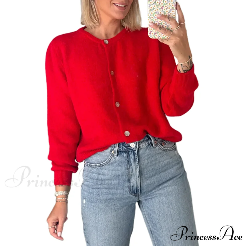 Durable Round-neck Short Knitted Cardigan red 1 / S cardigans-241228
