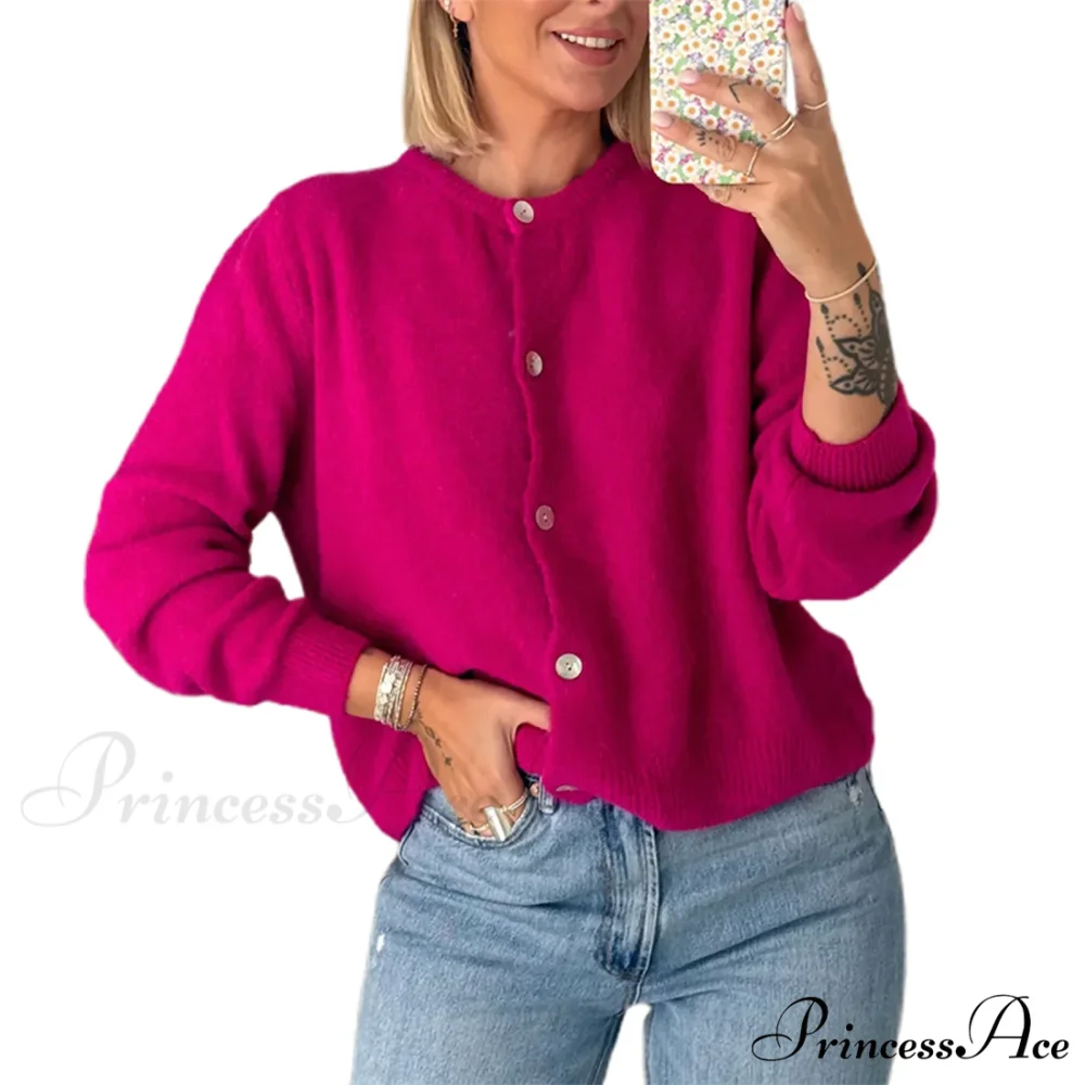 Durable Round-neck Short Knitted Cardigan rose red / S cardigans-241228