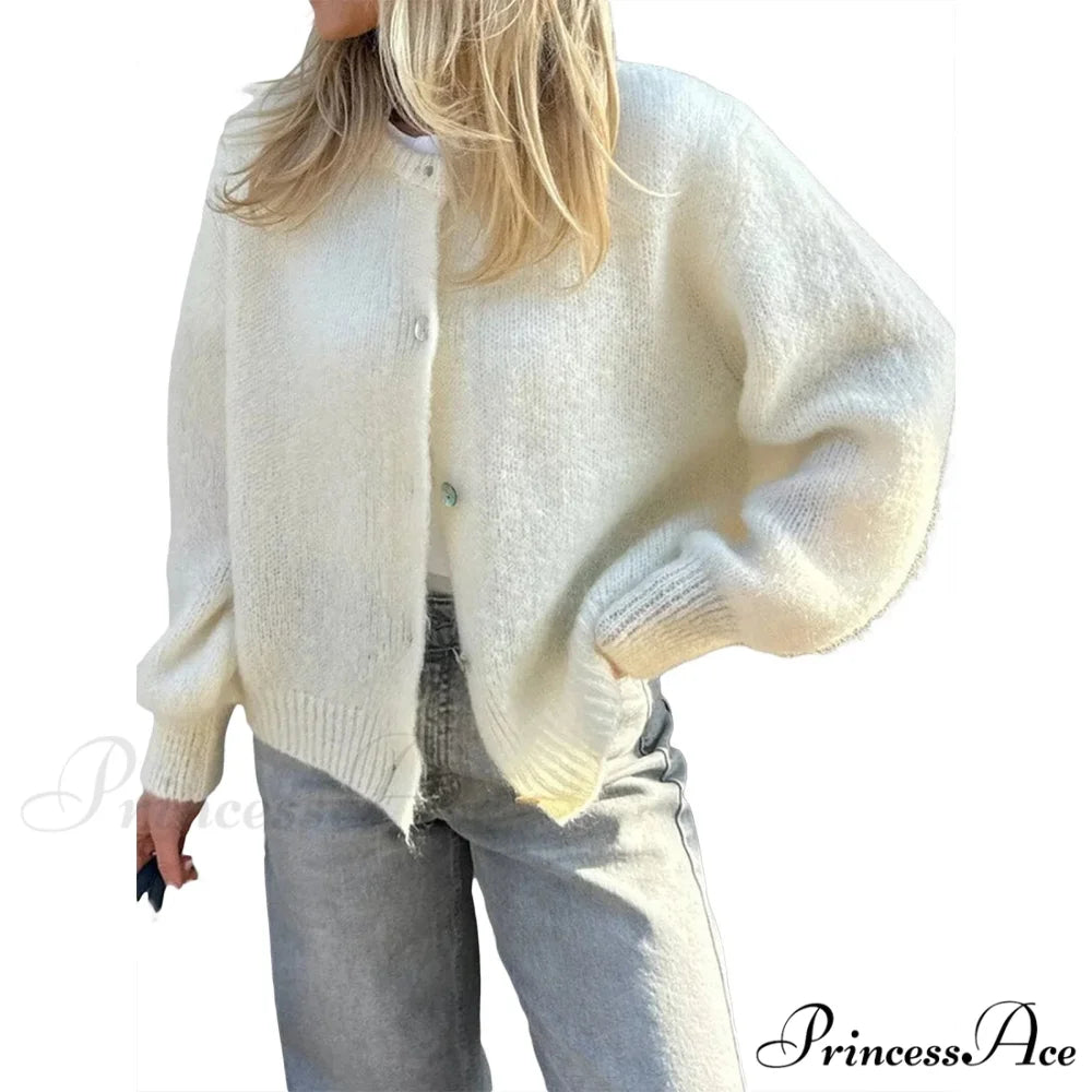 Durable Round-neck Short Knitted Cardigan white / S cardigans-241228