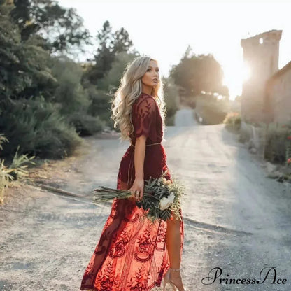 Durable Short Sleeve Lace V-neck Loose Maxi Boho Dress claret / One Size bohodress-250126