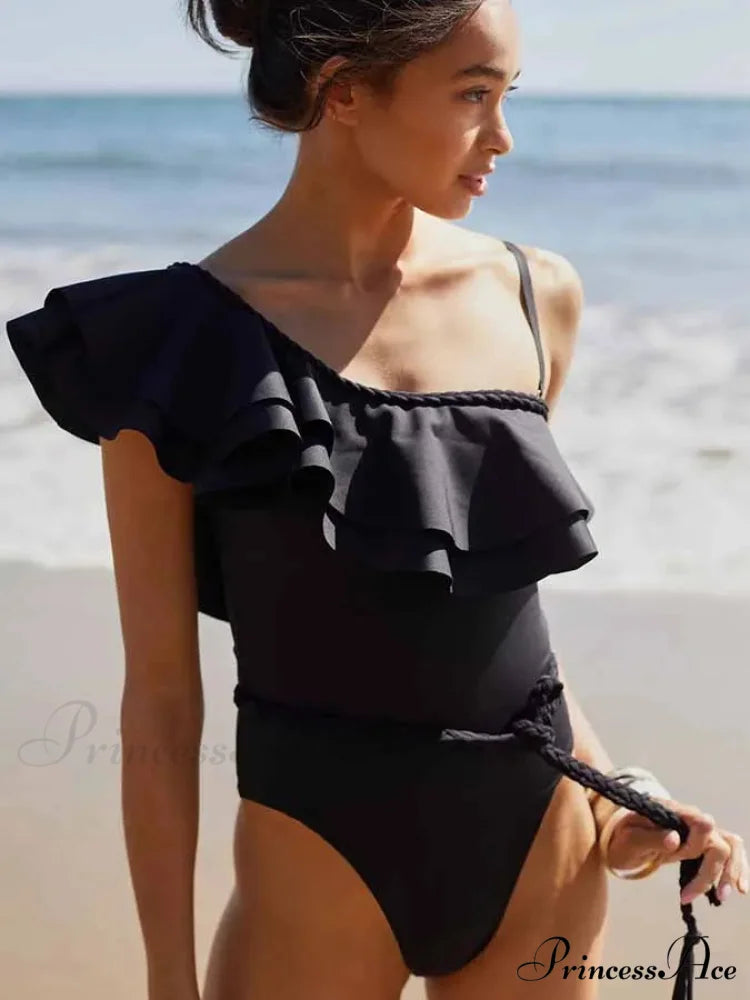 Durable Single-Shoulder Frill Swimsuit One Piece Black / S onepiece-250223