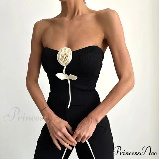 Durable Sophisticated Sleeveless Bandeau Informal Blossom Tube Crop Top Black / S croptop-250126