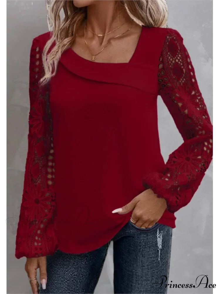 Durable Style Blouse Sophisticated Empty Lace Blouse Red / S blouse-250126
