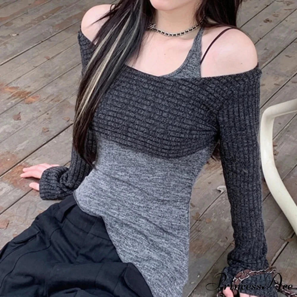 Durable Tank Fasten-Up Halter Open-Back Long Sleeve Knit Top GRAY / One Size knittop-250126