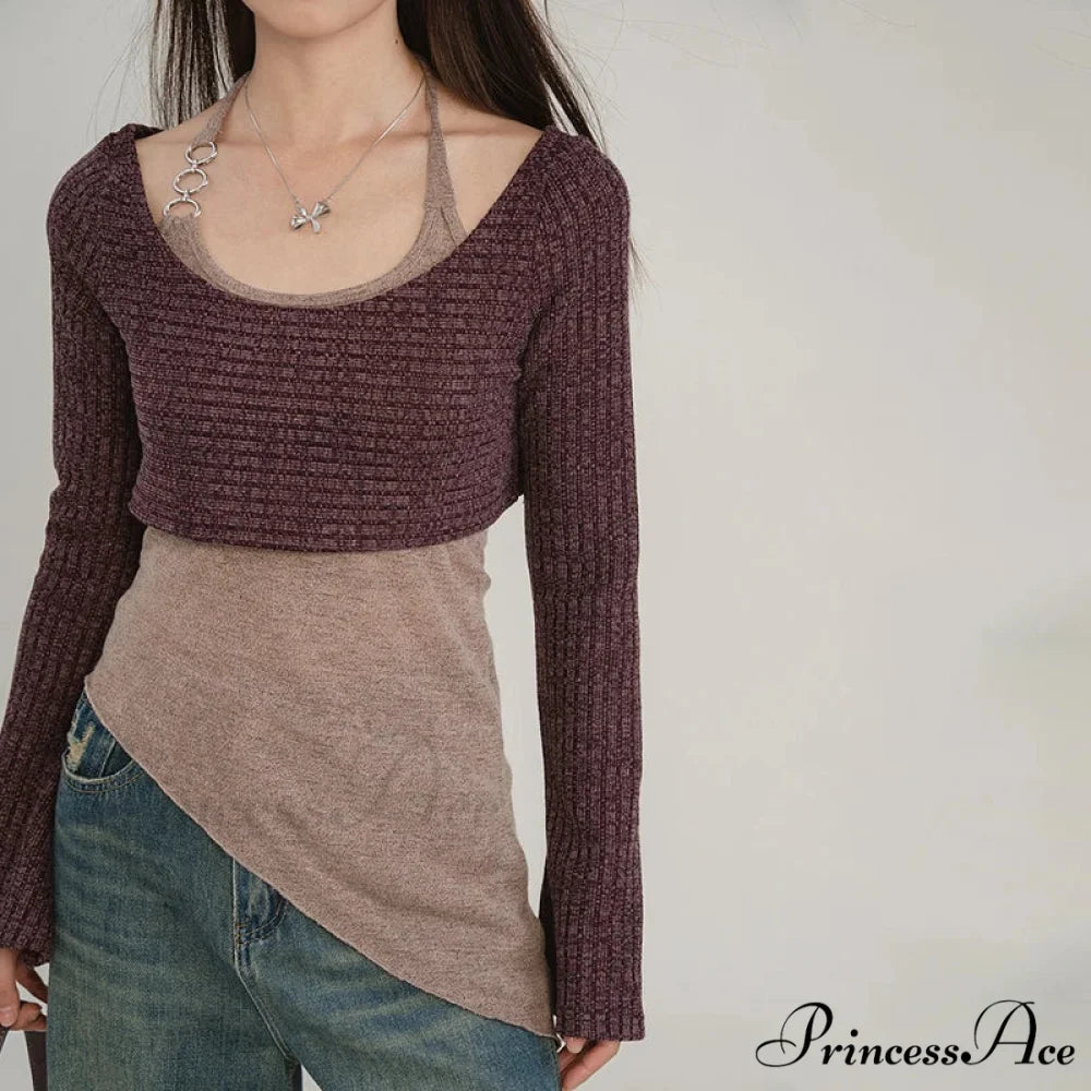 Durable Tank Fasten-Up Halter Open-Back Long Sleeve Knit Top knittop-250126