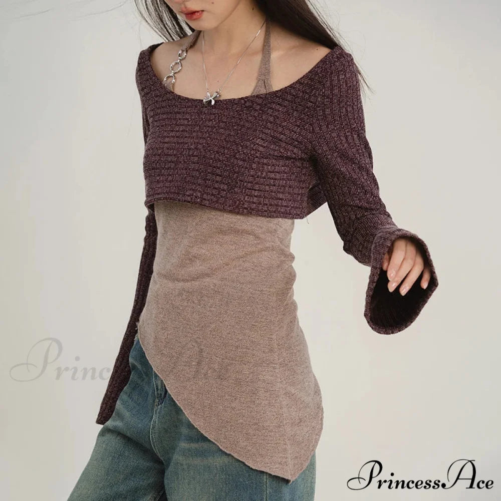 Durable Tank Fasten-Up Halter Open-Back Long Sleeve Knit Top knittop-250126