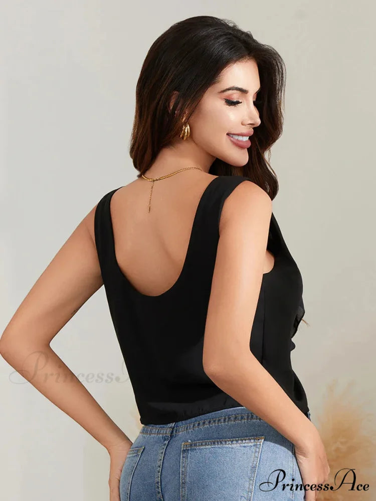 Durable Tie Front Sleeveless Frill Trim Deep V Crop Top croptop-250126