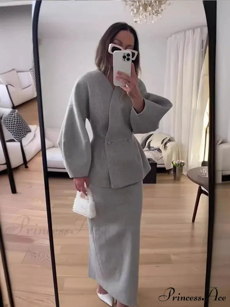 Durable V-neck Wool Blends Coat Grey / S coats-241228