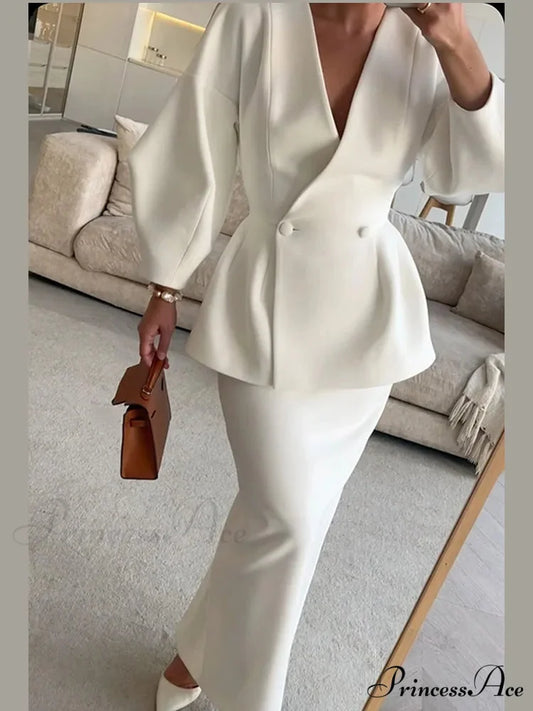 Durable V-neck Wool Blends Coat White / S coats-241228