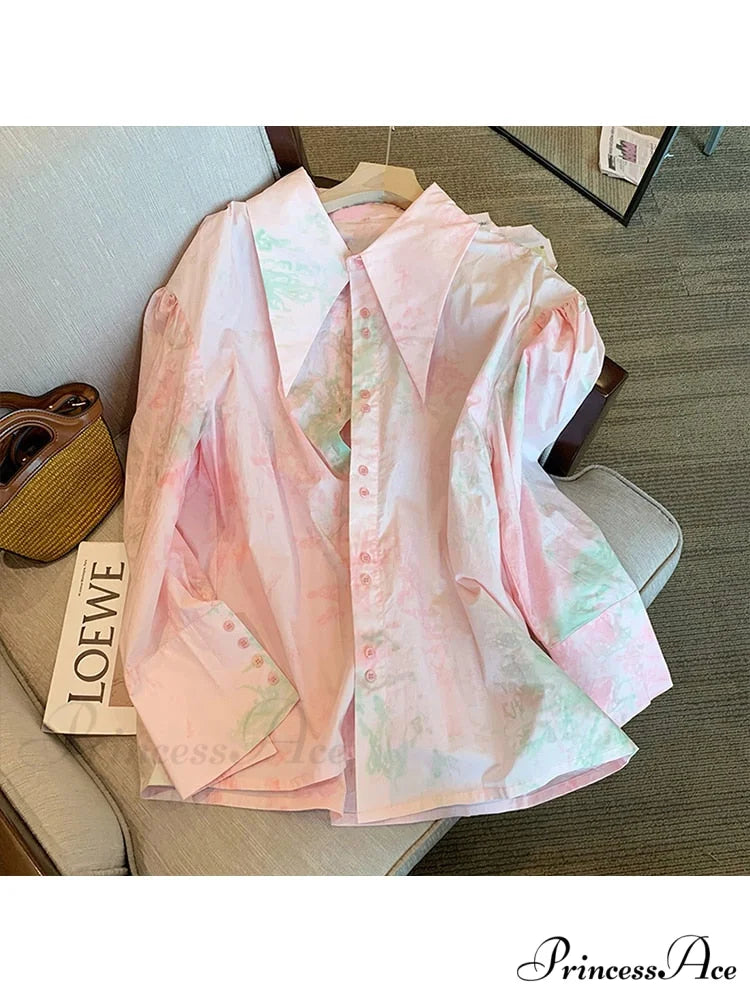Dye Loose Korean Arm Spring Blouse 2024 Single Women’s Fashion Female Blouse Long with Tie Casual Turn-Down Breasted