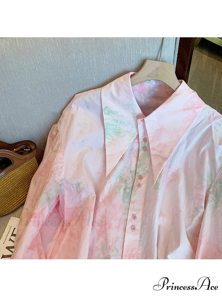 Dye Loose Korean Arm Spring Blouse 2024 Single Women’s Fashion Female Blouse Long with Tie Casual Turn-Down Breasted