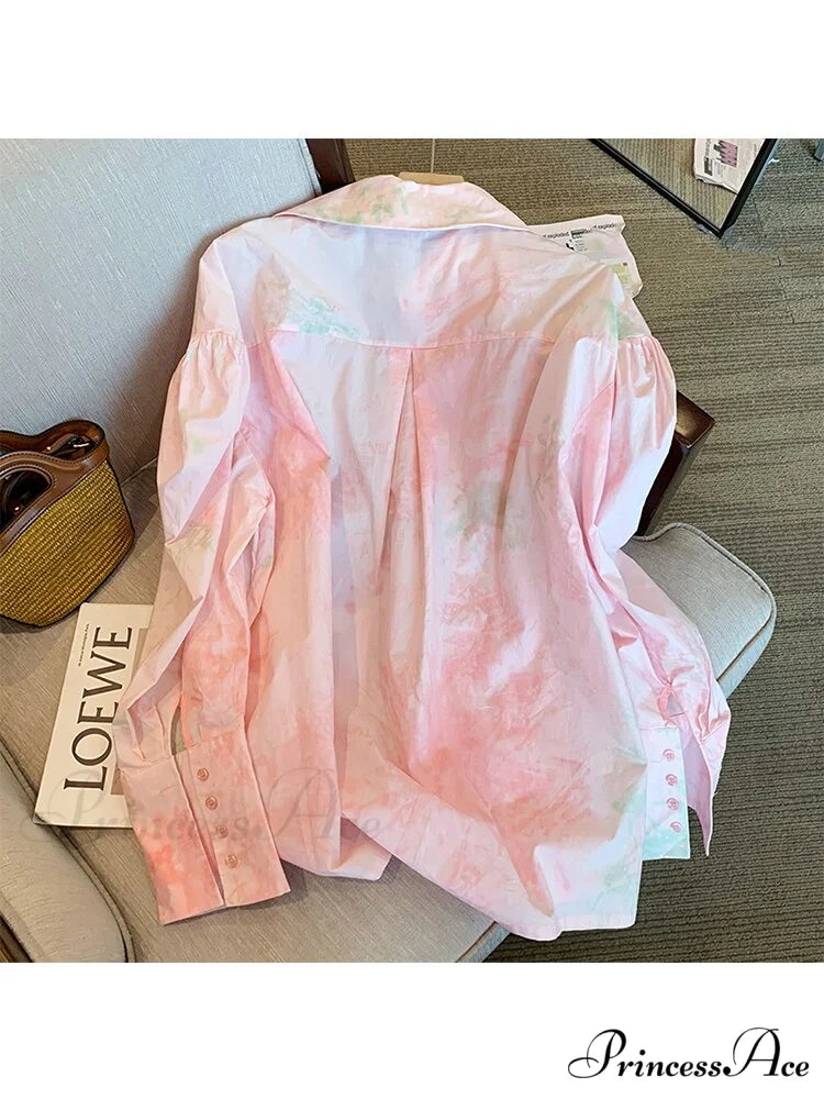 Dye Loose Korean Arm Spring Blouse 2024 Single Women’s Fashion Female Blouse Long with Tie Casual Turn-Down Breasted