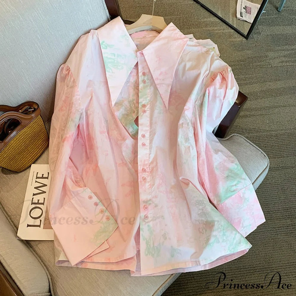 Dye Loose Korean Arm Spring Blouse 2024 Single Women’s Fashion Female Blouse Long with Tie Casual Turn-Down Breasted