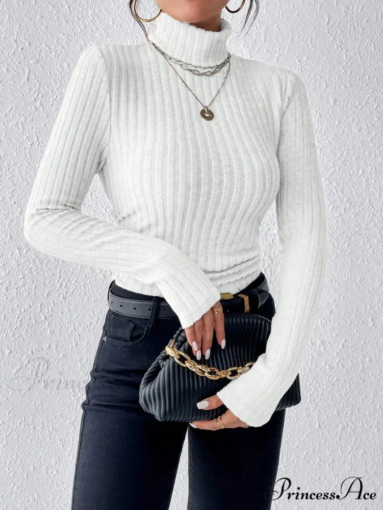 Dynamic Monochromatic High-Collar Trim-Fit Long Sleeve Top Women knittop-250126