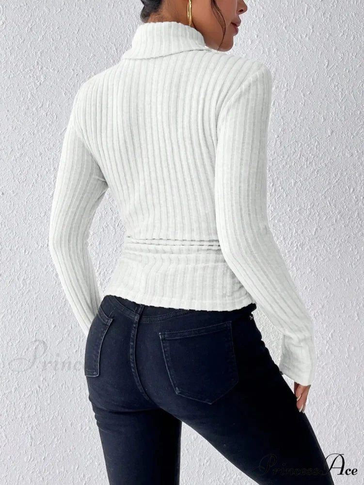 Dynamic Monochromatic High-Collar Trim-Fit Long Sleeve Top Women knittop-250126