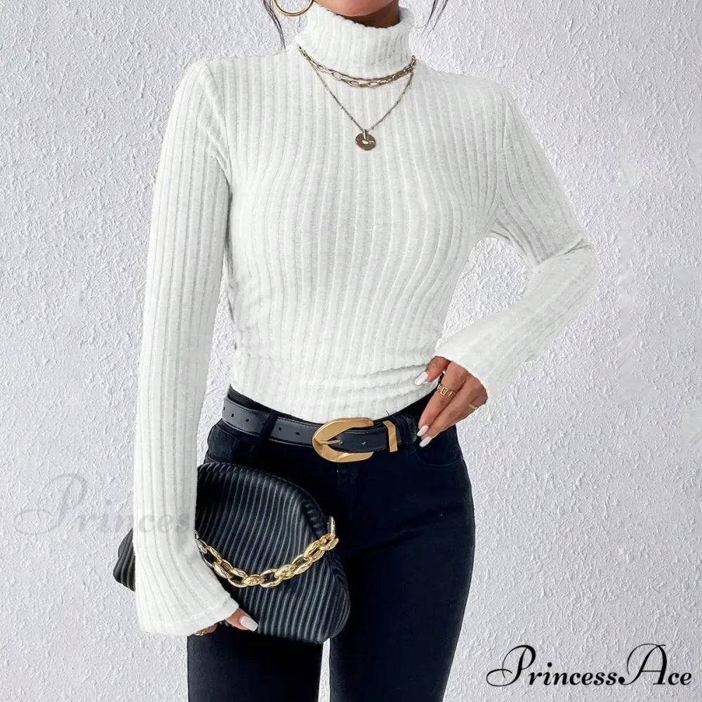 Dynamic Monochromatic High-Collar Trim-Fit Long Sleeve Top Women knittop-250126