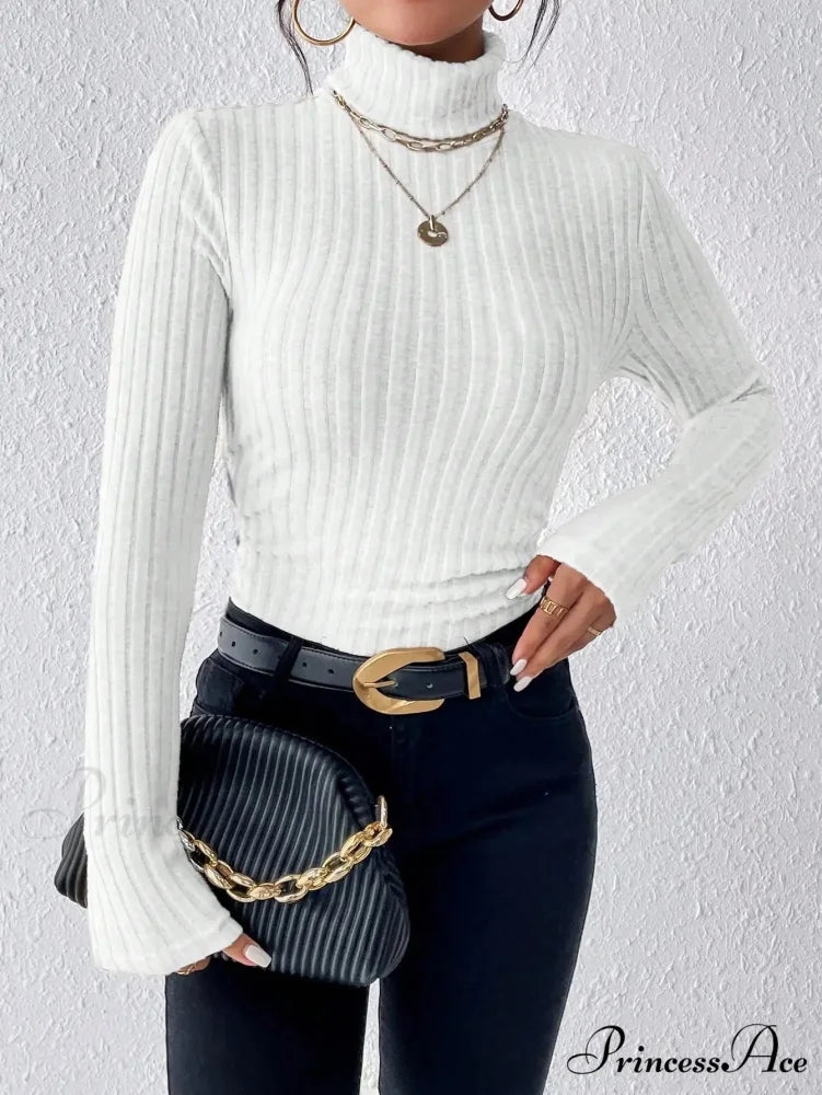 Dynamic Monochromatic High-Collar Trim-Fit Long Sleeve Top Women knittop-250126