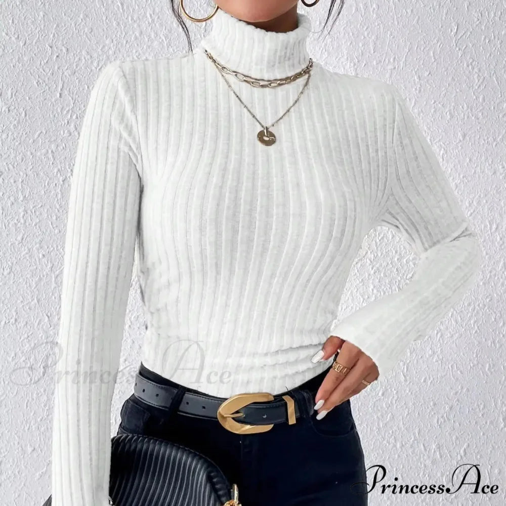 Dynamic Monochromatic High-Collar Trim-Fit Long Sleeve Top Women white / XS knittop-250126