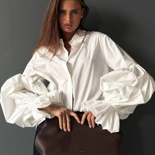 Loose Fit Lantern Sleeve Lapel Blouse