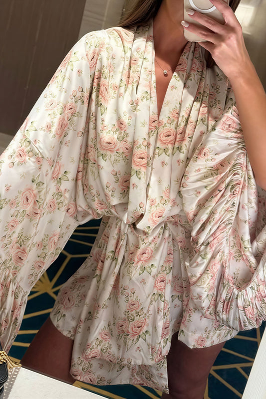 Satin Floral Print Puff Tie A Line Mini Dress