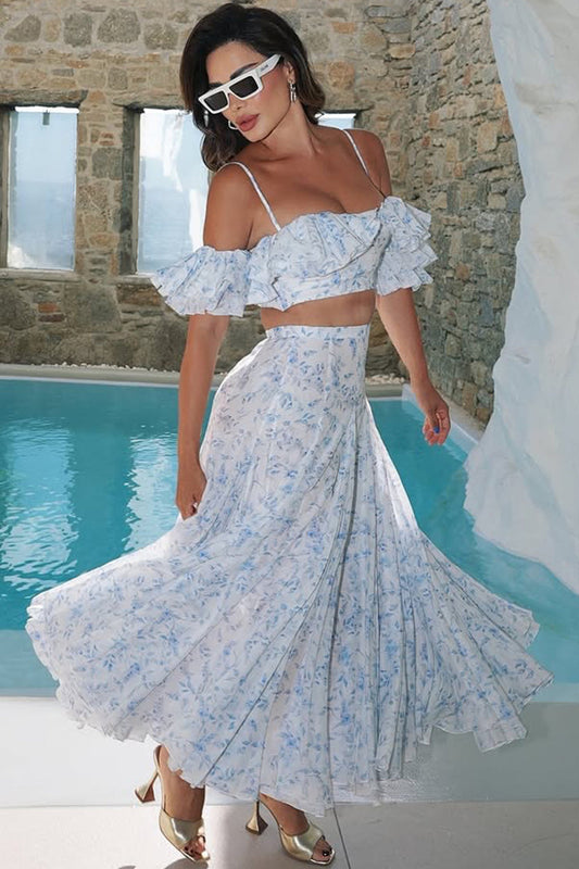 Off Shoulder Floral Ruffled Camisole Maxi Dress Two Piece Set