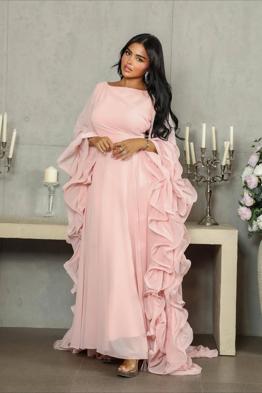 Ruffle Flared Sleeve Tulle Puff Tiered Maxi Dress