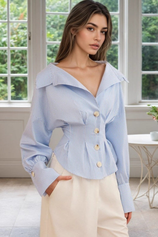 Ruffled Collared Puff Sleeve Striped Blouse