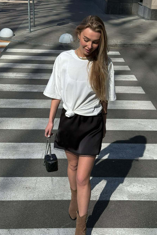 Elastic Waist Satin Slip Lace Mini Skirt