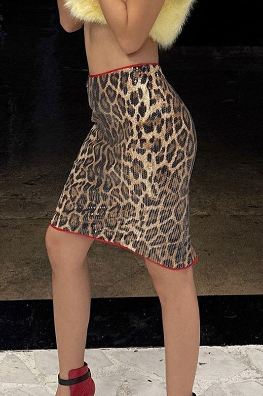Stretchy Short Leopard Print Sequin Statement Skirt