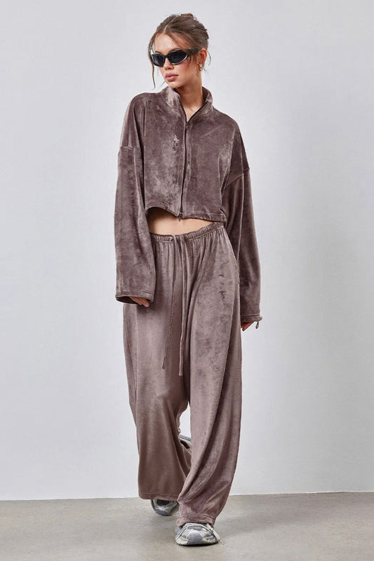 Vintage Drawstring Crop Top and Wide Leg Pants Two Piece Set