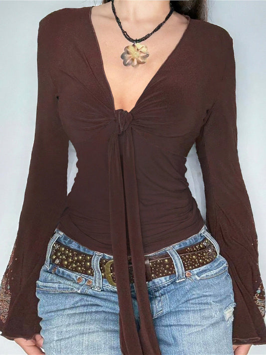 Vintage V Neck Printed Long Sleeve Blouse