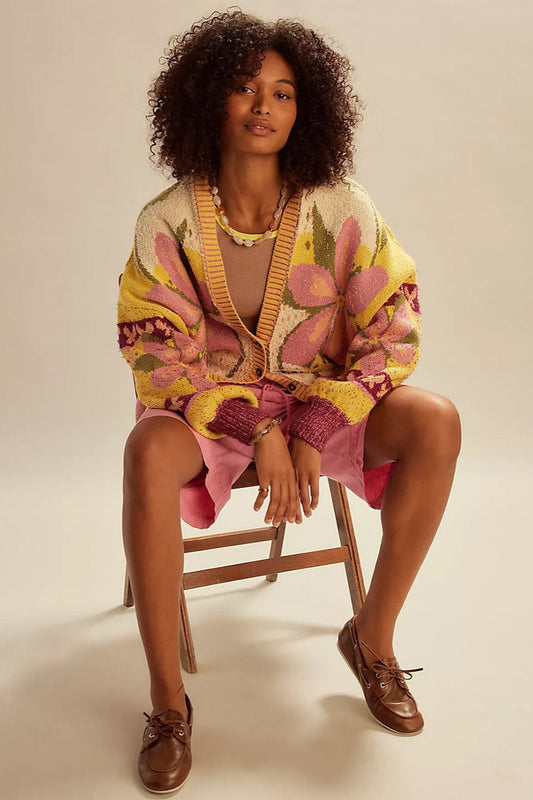 Abstract Print Lapel Long Sleeve Knit Sweater