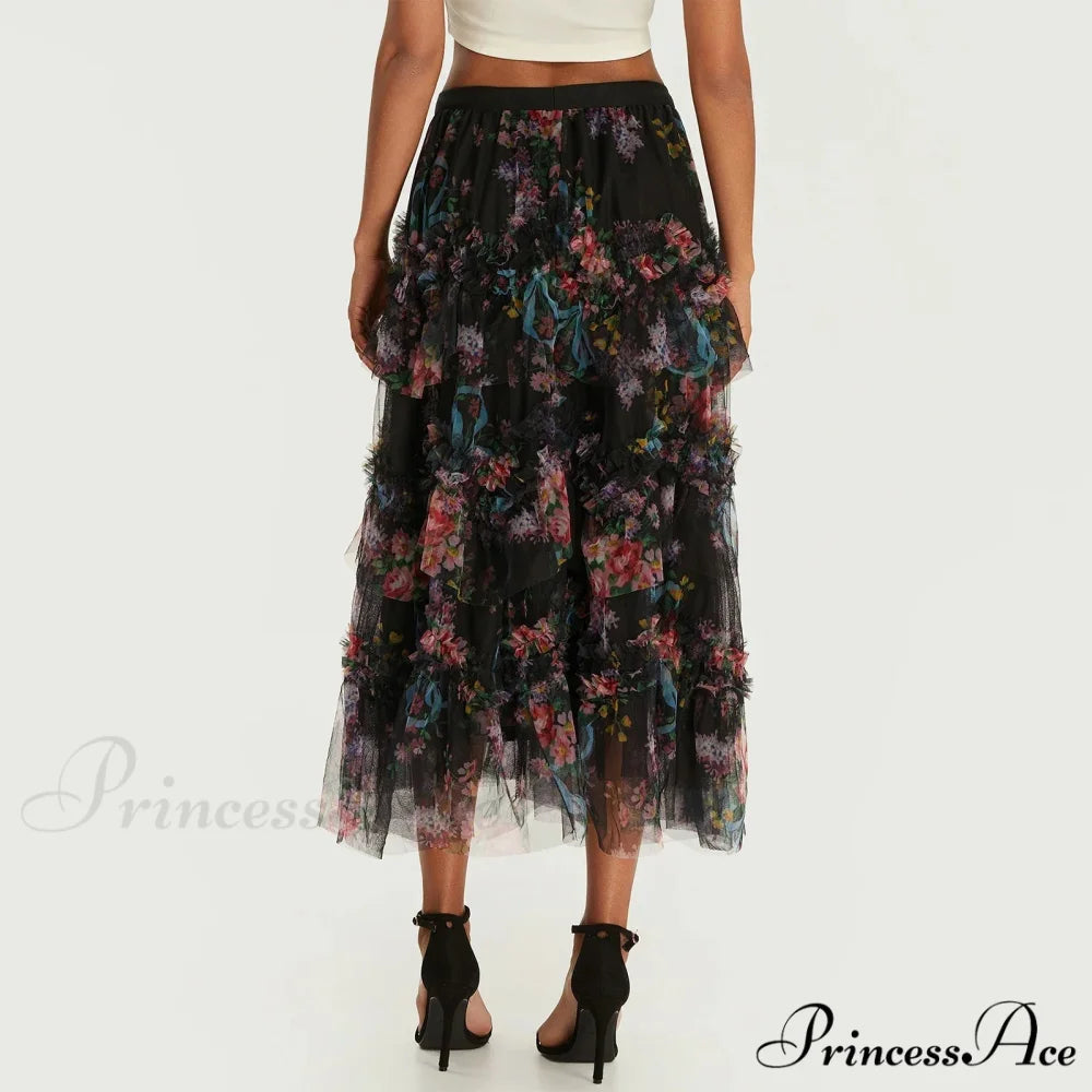 Early Autumn Floral Pattern Frill Mesh Skirt Women A-line Midi skirt-250126