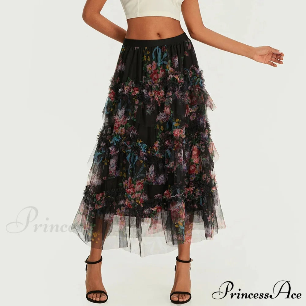 Early Autumn Floral Pattern Frill Mesh Skirt Women A-line Midi skirt-250126