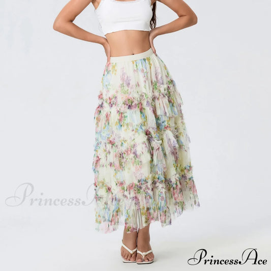 Early Autumn Floral Pattern Frill Mesh Skirt Women A-line Midi skirt-250126