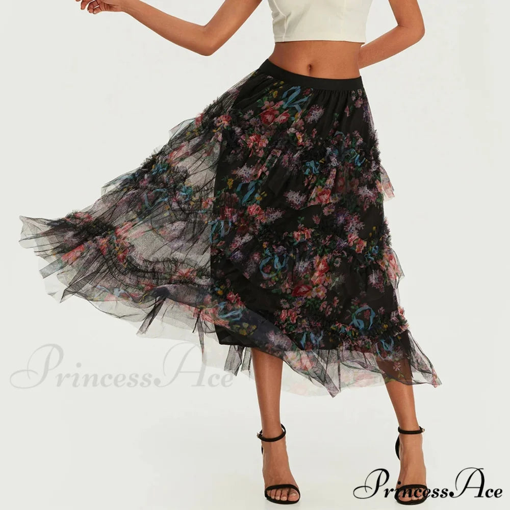 Early Autumn Floral Pattern Frill Mesh Skirt Women A-line Midi skirt-250126